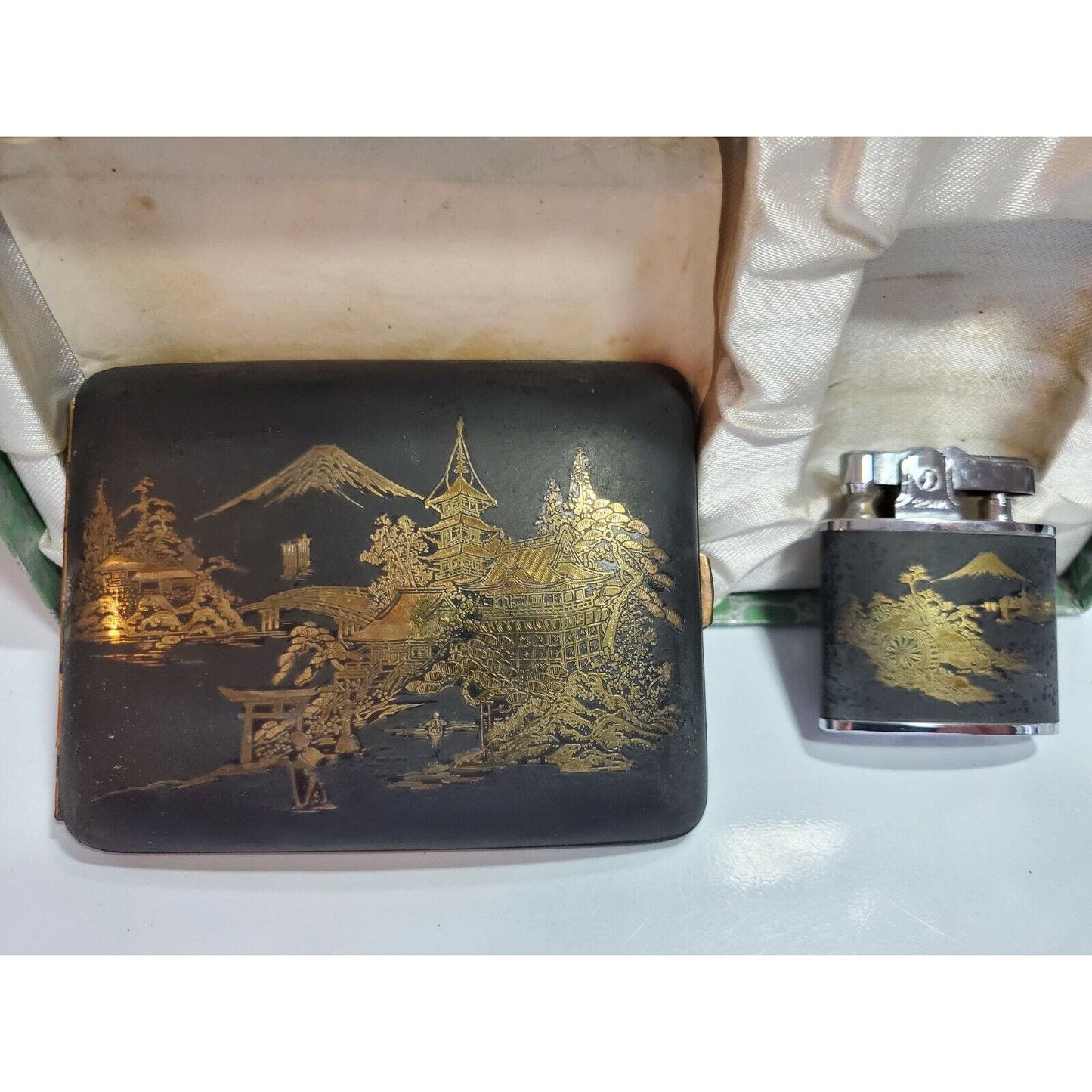 NOS Japanese Damascene K24 GOLD, SILVER Cigarette Case & LIGHTER SET 55/2