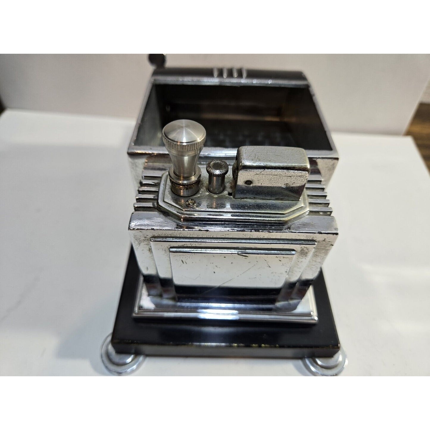 Vintage Working Ronson Chrome Black Enamel Touch Tip Lighter Cigarette Dispenser