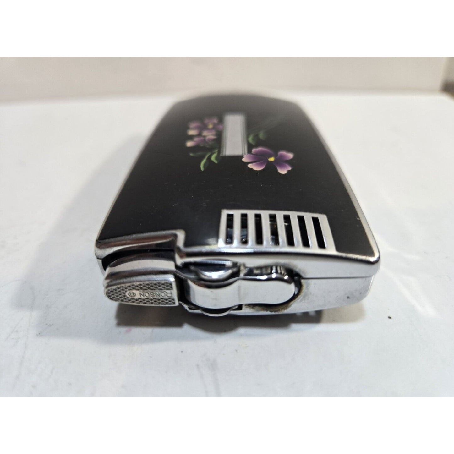 Vintage Working Ronson Pal Cigarette Case LIGHTER Black Violet Flower 7651/14