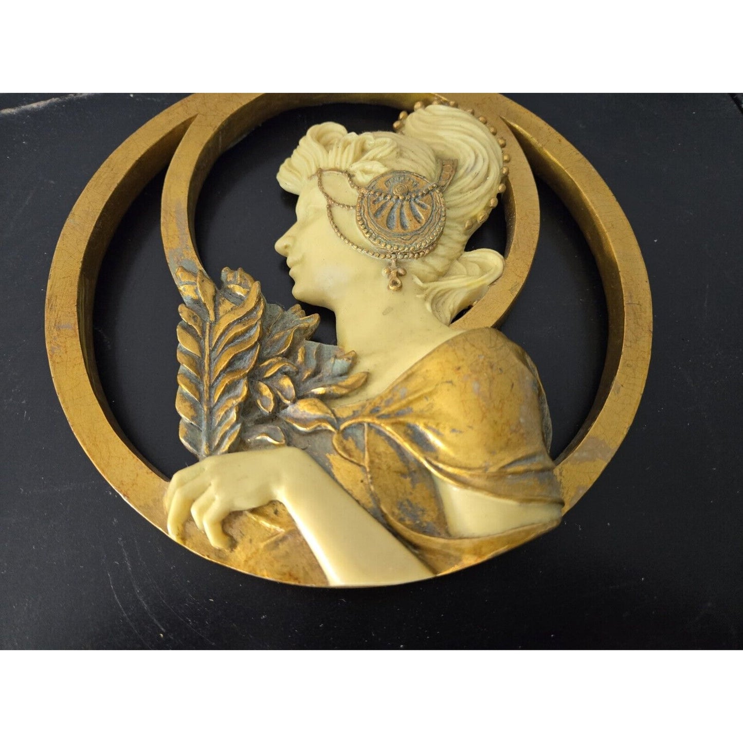 Vtg Art Nouveau Lady With Hat Mucha Ivorytone & Goldtone Round Mirror Plaque