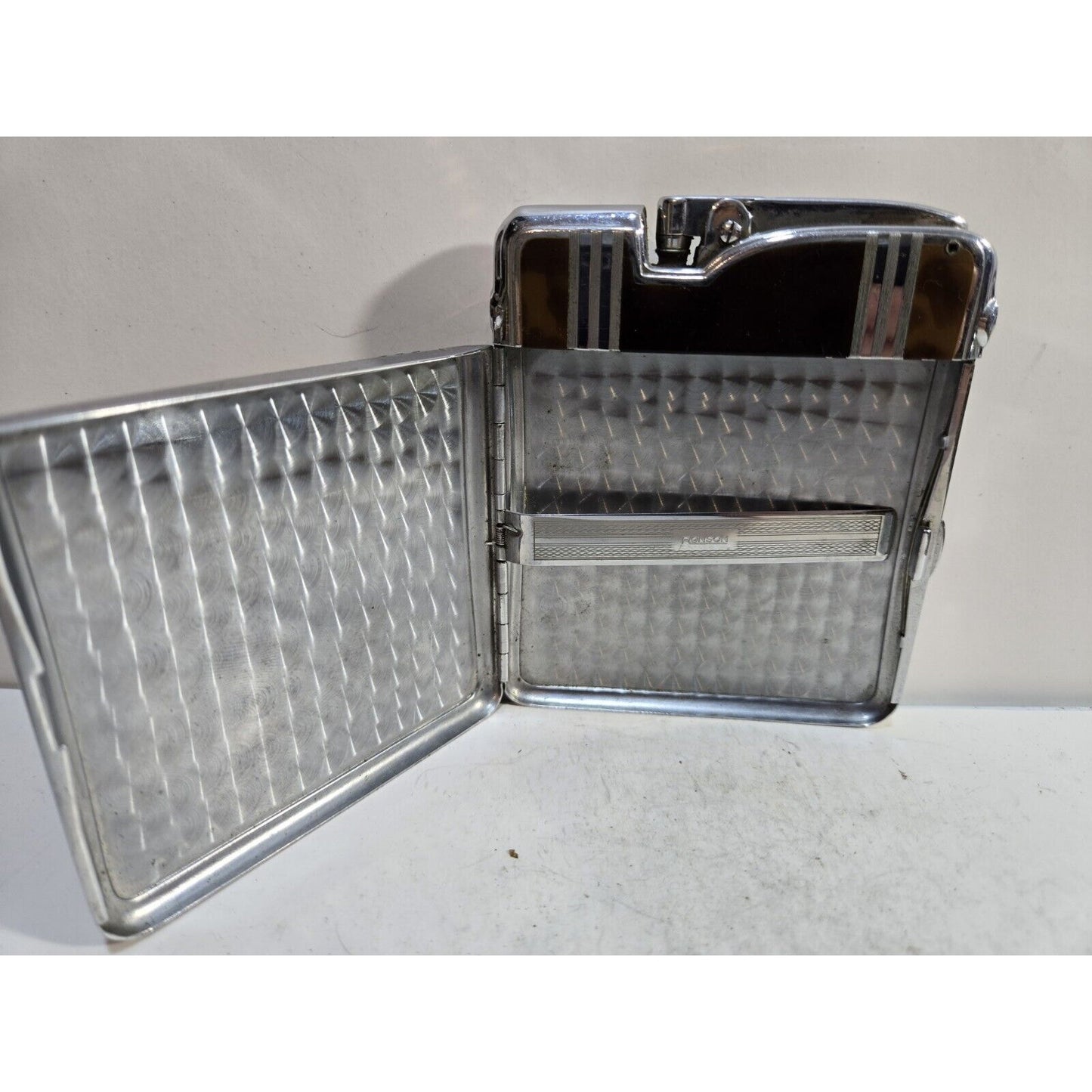 Working Ronson Art Deco Ten A Case Enamel Siler Tone Cigarette Case Lighter 7266
