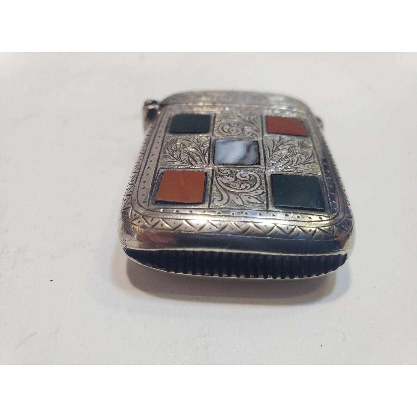 Antique Scottish Hallmarked Silver Carnelian Agate Inlay Vesta Match Safe Case