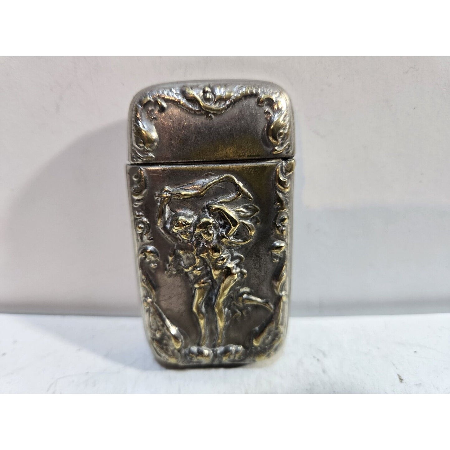 Vintage Silverplate Art Nouveau Dancing Nude Women Match Case Safe Vesta Nymph
