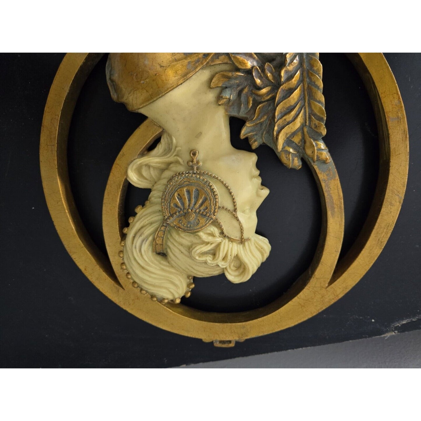 Vtg Art Nouveau Lady With Hat Mucha Ivorytone & Goldtone Round Mirror Plaque