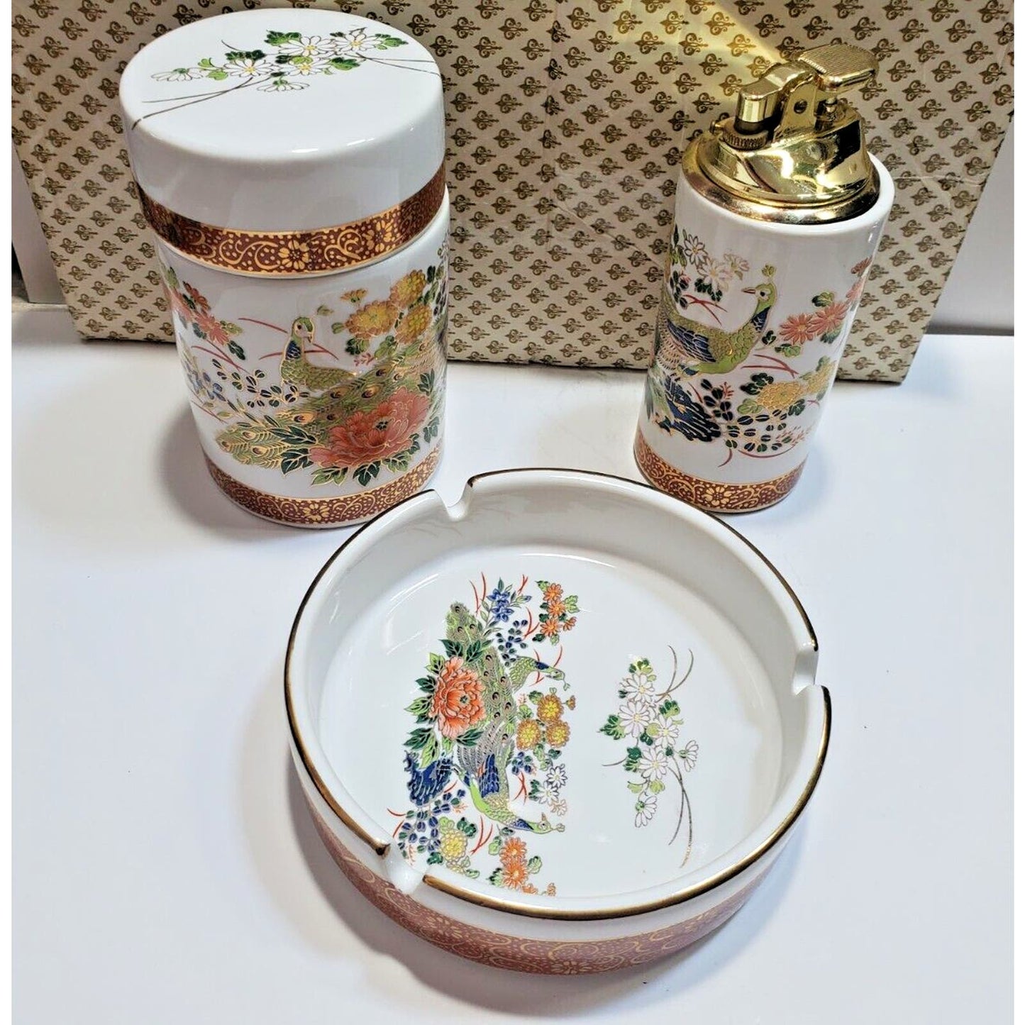 FINE CHINA SMOKING SET ASHTRAY, Cigarette CASE, Working LIGHTER Orig Box 6566/48