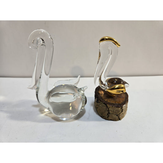 Lot Of 2 Glass Pelican Handcrafted Art Crystal Glass Figurines