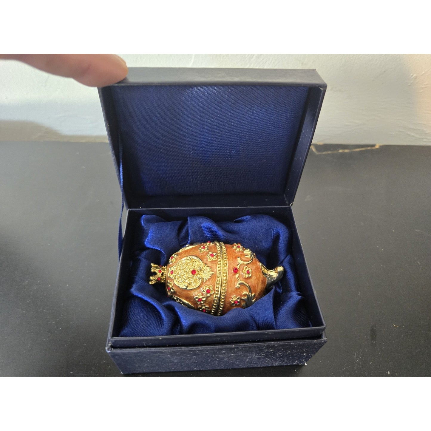 Easter Faberge Egg Trinket Box Hand-Painted Crystal Hinged Jewelry, Orig Box