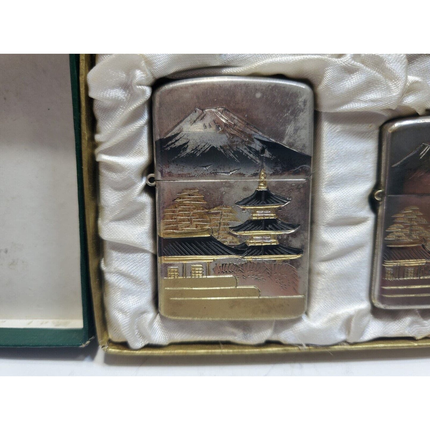 Set of 2 Working Vintage Japanese Damascene Mt Fuji Lighters Original Gift Case