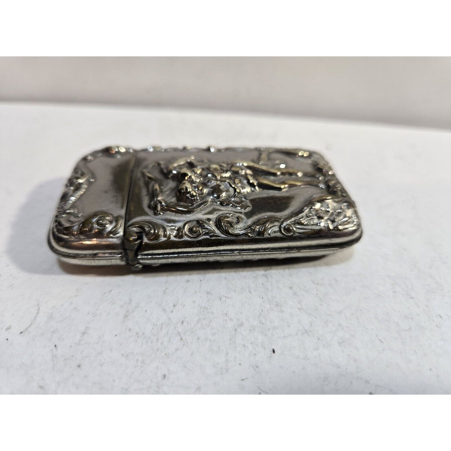 Vintage Silverplate Art Nouveau Dancing Nude Women Match Case Safe Vesta Nymph