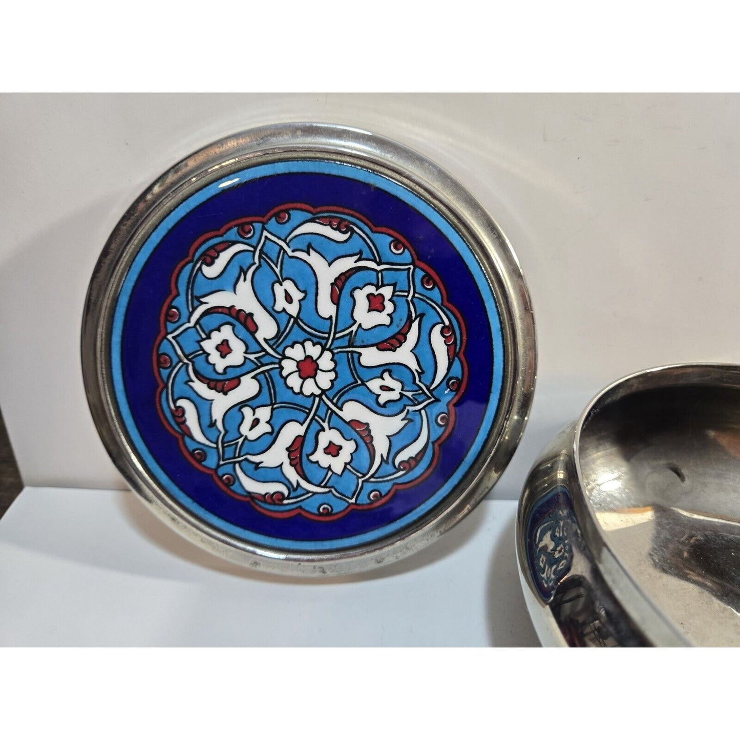 Turkish Pottery Tile On Round Trinket Bowl With Lid 5"