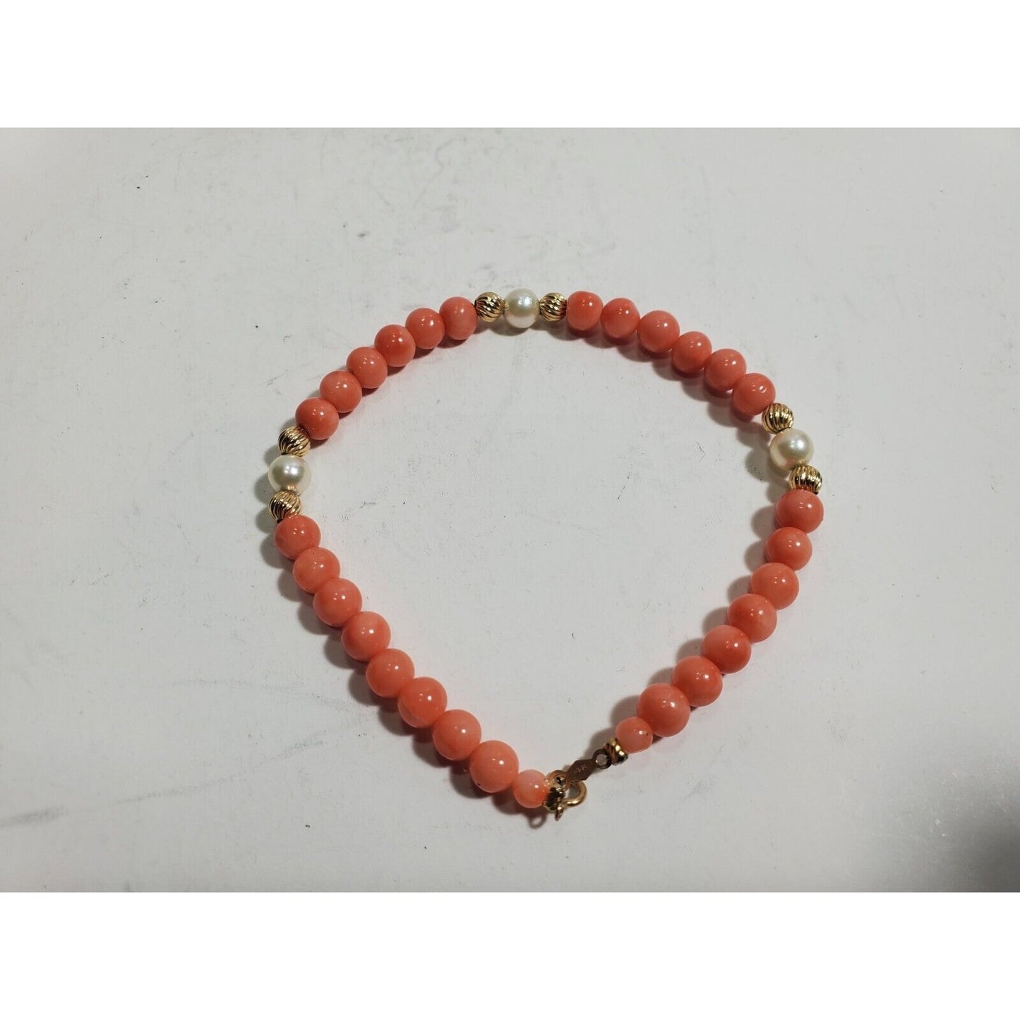 14K Yellow Gold Clasp & 5 mm Beads, Natural Coral Bead Bracelet 8" 5952/10