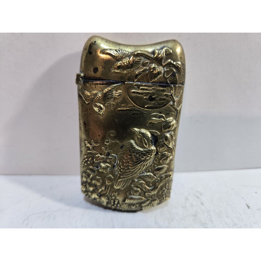 Japanese Antique Brass Match Case Safe Holder Striker, Bird & Flowers 7293/31