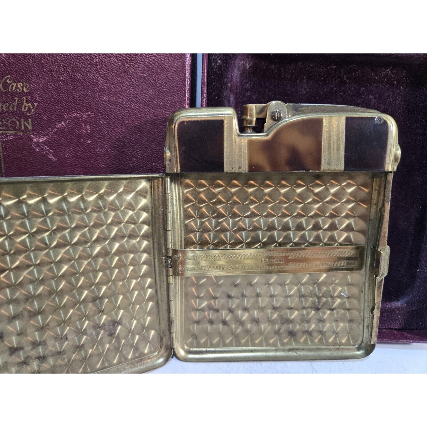 Working Ronson Art Deco Ten A Case Enamel Gold Tone Cigarette Case Lighter 7354/