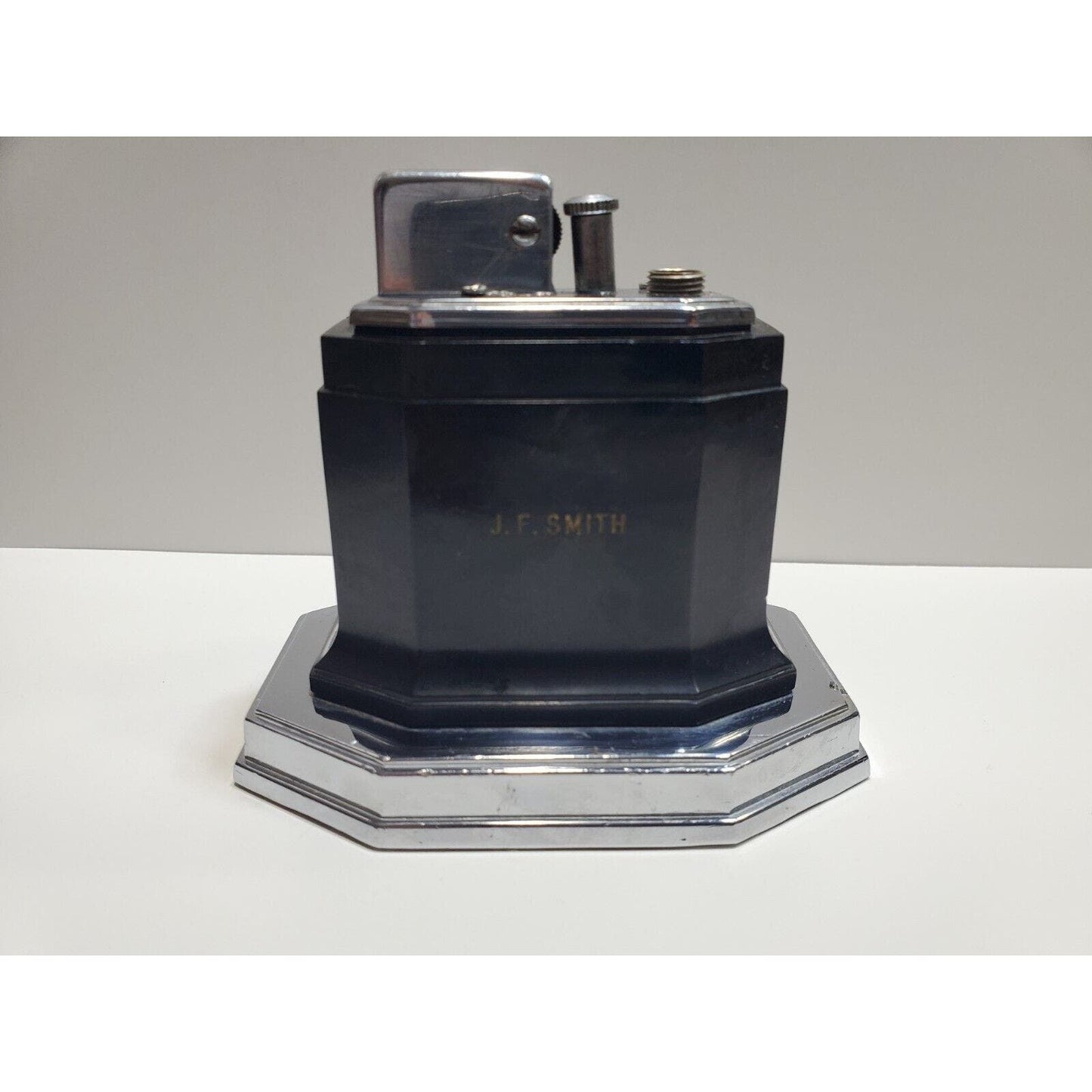 Ronson 1940 Art Deco Table Touch Tip Octette Black, Silver Tone Lighter 6506/13