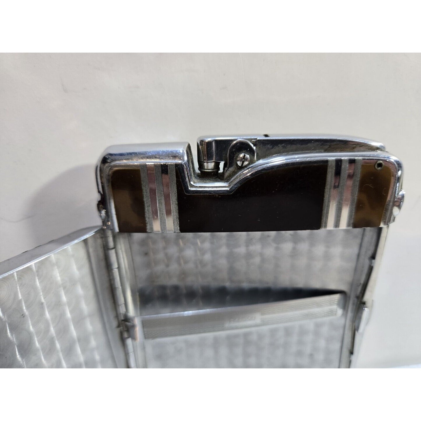Working Ronson Art Deco Ten A Case Enamel Siler Tone Cigarette Case Lighter 7266