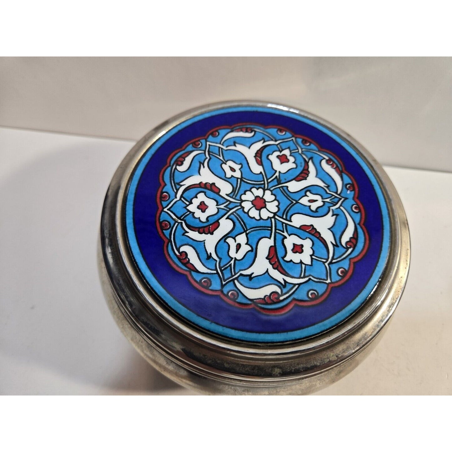 Turkish Pottery Tile On Round Trinket Bowl With Lid 5"