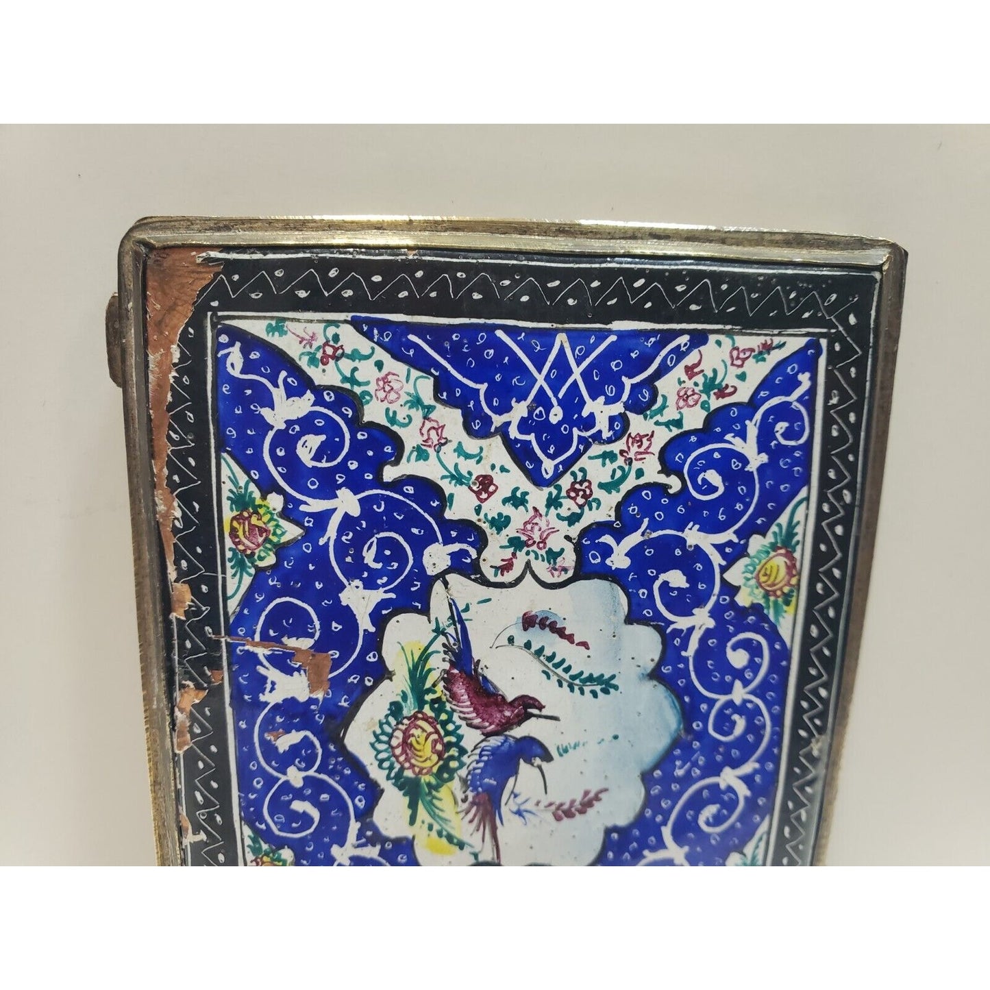 Antique Persian Enamel & Silver Tone Cigarette Case / 3 1/4 x 2 3/4" 6700/21