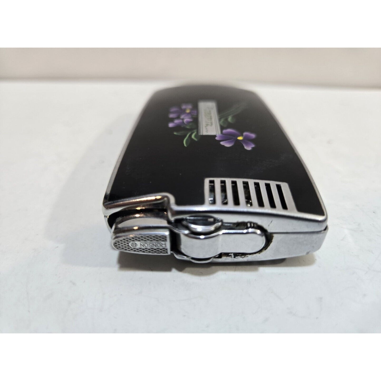 Vintage Working Ronson Pal Cigarette Case LIGHTER Black Violet Flower 7404/14