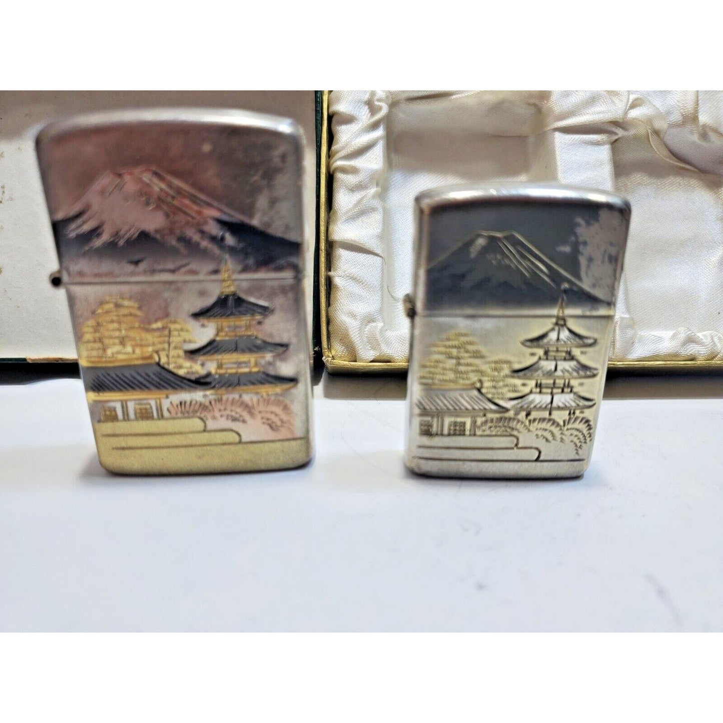 Set of 2 Working Vintage Japanese Damascene Mt Fuji Lighters Original Gift Case