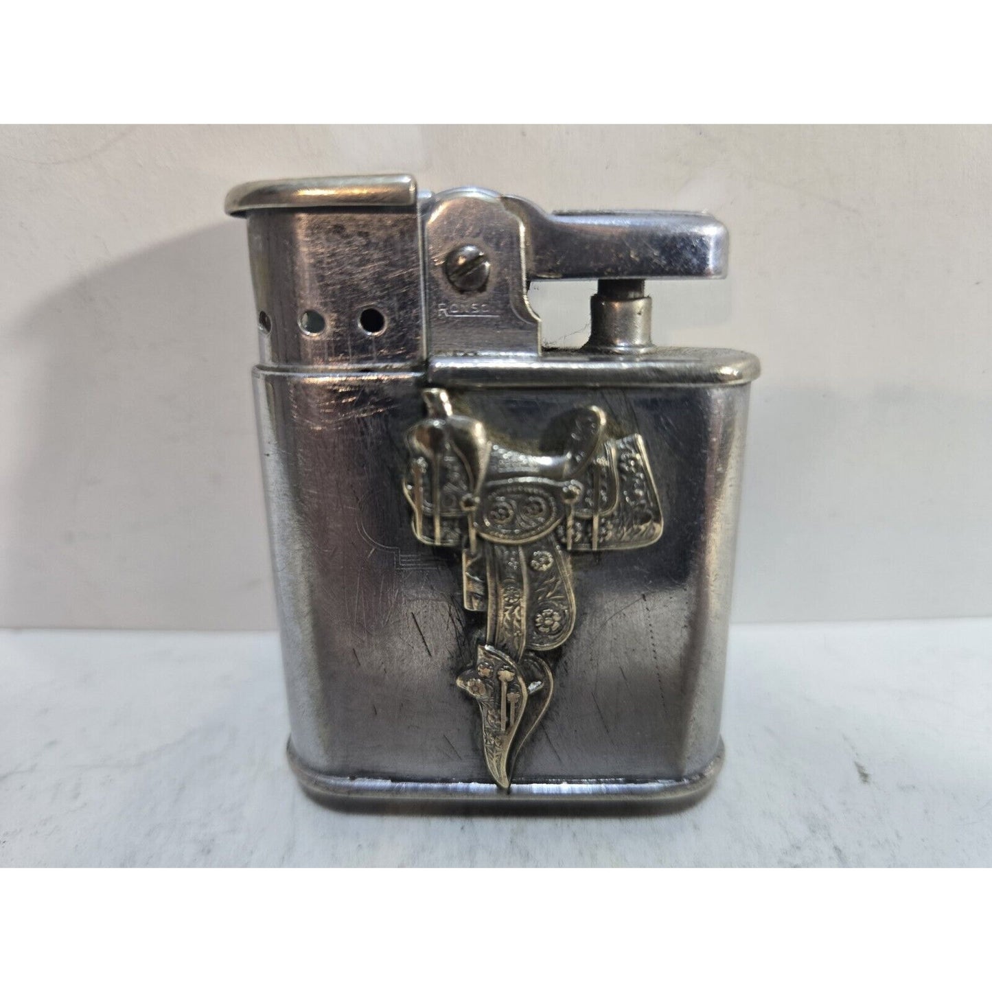 Vintage Working RONSON WHIRLWIND Silver Horse Saddle 3D Logo LIGHTER 7513/26