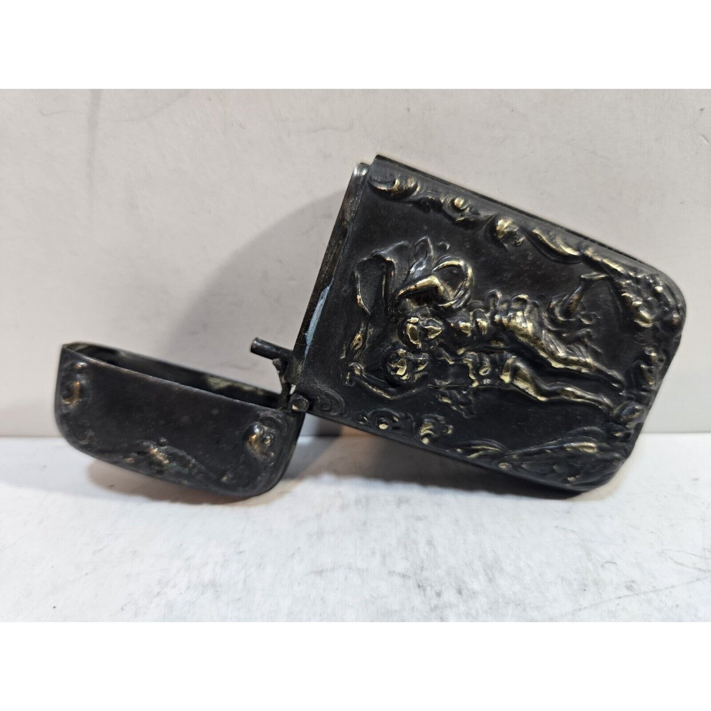 Vintage Silverplate Art Nouveau Dancing Nude Women Match Case Safe Vesta Nymph