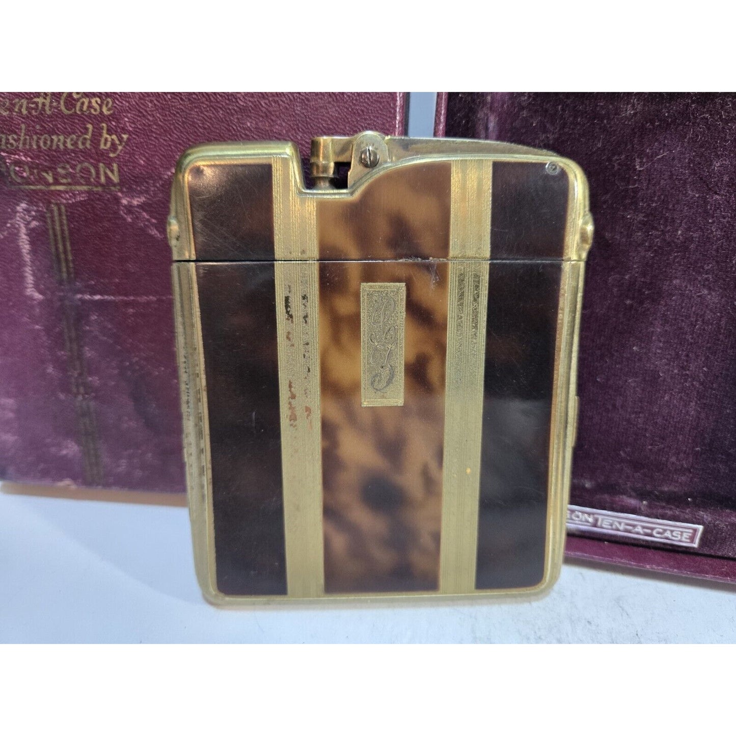 Working Ronson Art Deco Ten A Case Enamel Gold Tone Cigarette Case Lighter 7354/