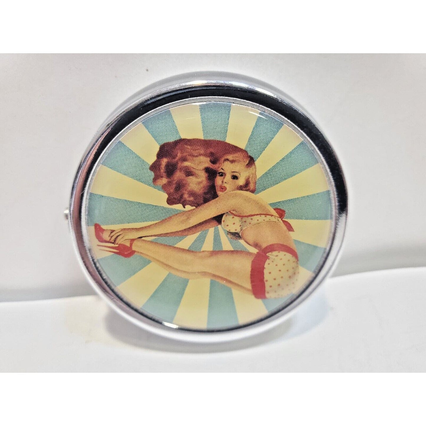 Vintage Pinup Girl Pill Mirror Case Risque 1 3/4" 6551/3