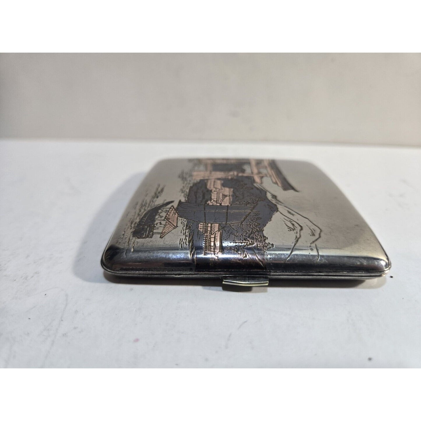 Vintage Mt Fuji Japan Etched Mountain Scene Silver Cigarette Case 7672/2