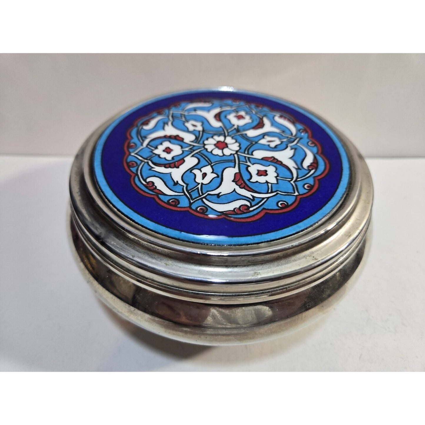 Turkish Pottery Tile On Round Trinket Bowl With Lid 5"