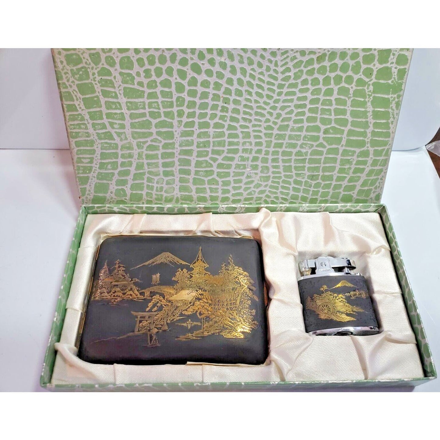 NOS Japanese Damascene K24 GOLD, SILVER Cigarette Case & LIGHTER SET 55/2