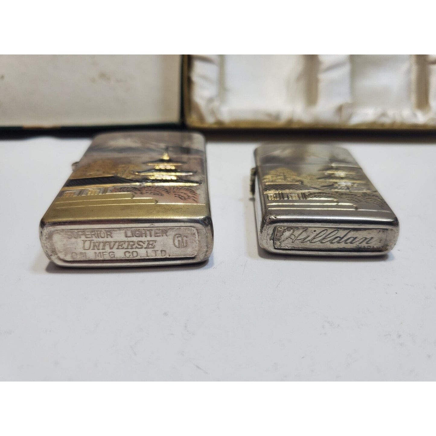 Set of 2 Working Vintage Japanese Damascene Mt Fuji Lighters Original Gift Case