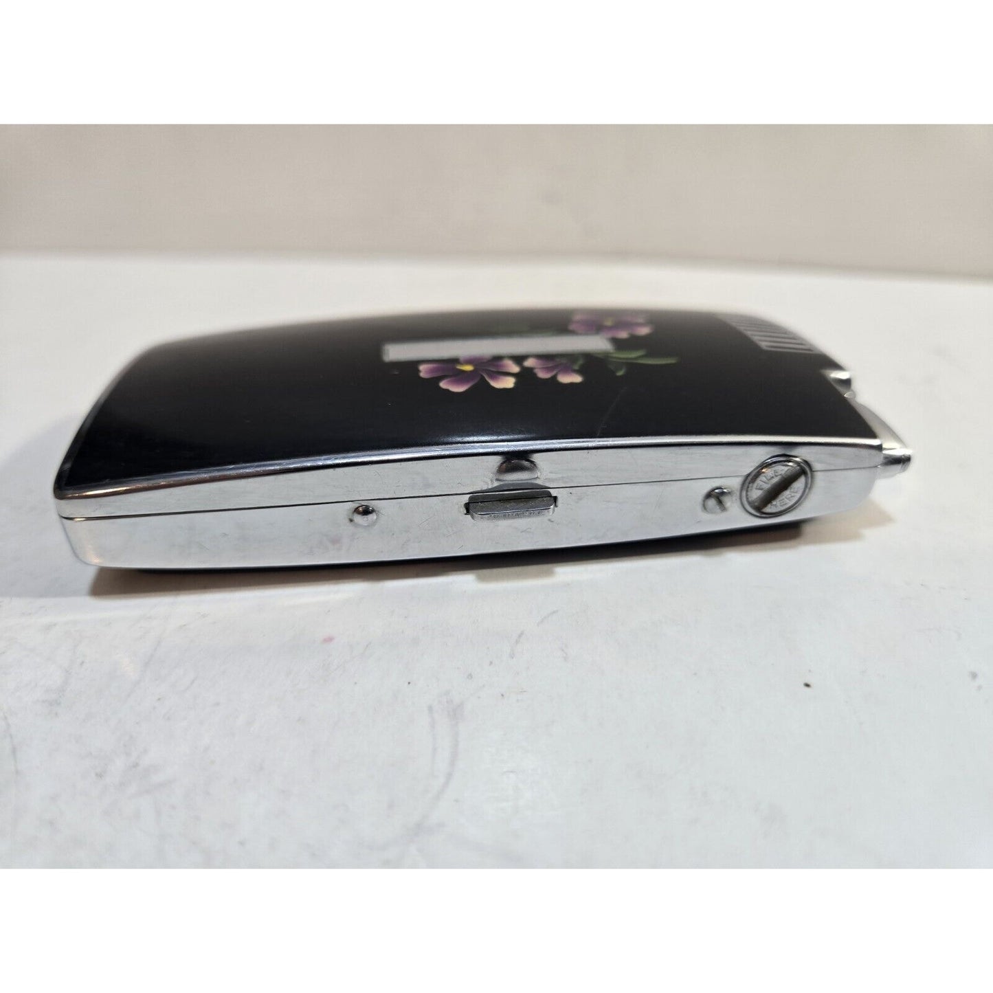 Vintage Working Ronson Pal Cigarette Case LIGHTER Black Violet Flower 7651/14