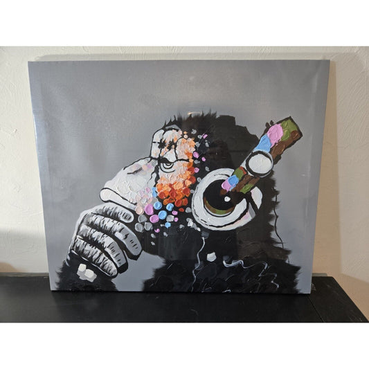 Monkey Art Oil Painting on Canvas Hand Painted 24 X 20" NOS