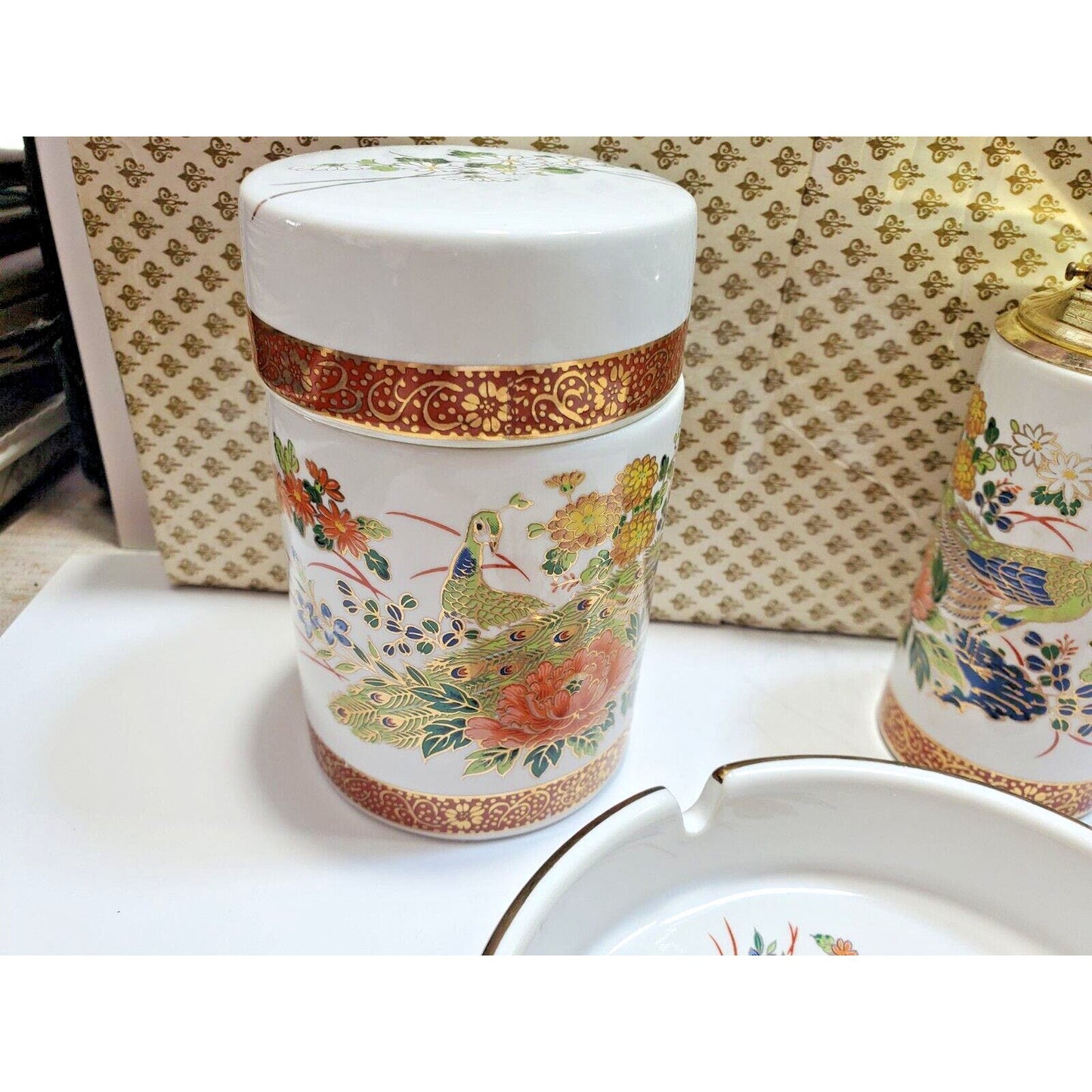 FINE CHINA SMOKING SET ASHTRAY, Cigarette CASE, Working LIGHTER Orig Box 6566/48