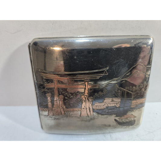 Vintage Mt Fuji Japan Etched Mountain Scene Silver Cigarette Case 7672/2