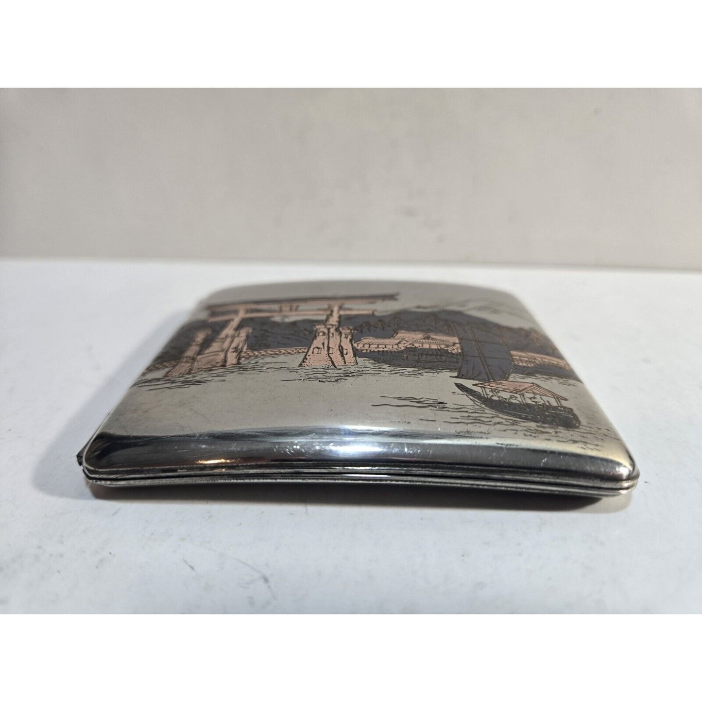 Vintage Mt Fuji Japan Etched Mountain Scene Silver Cigarette Case 7672/2