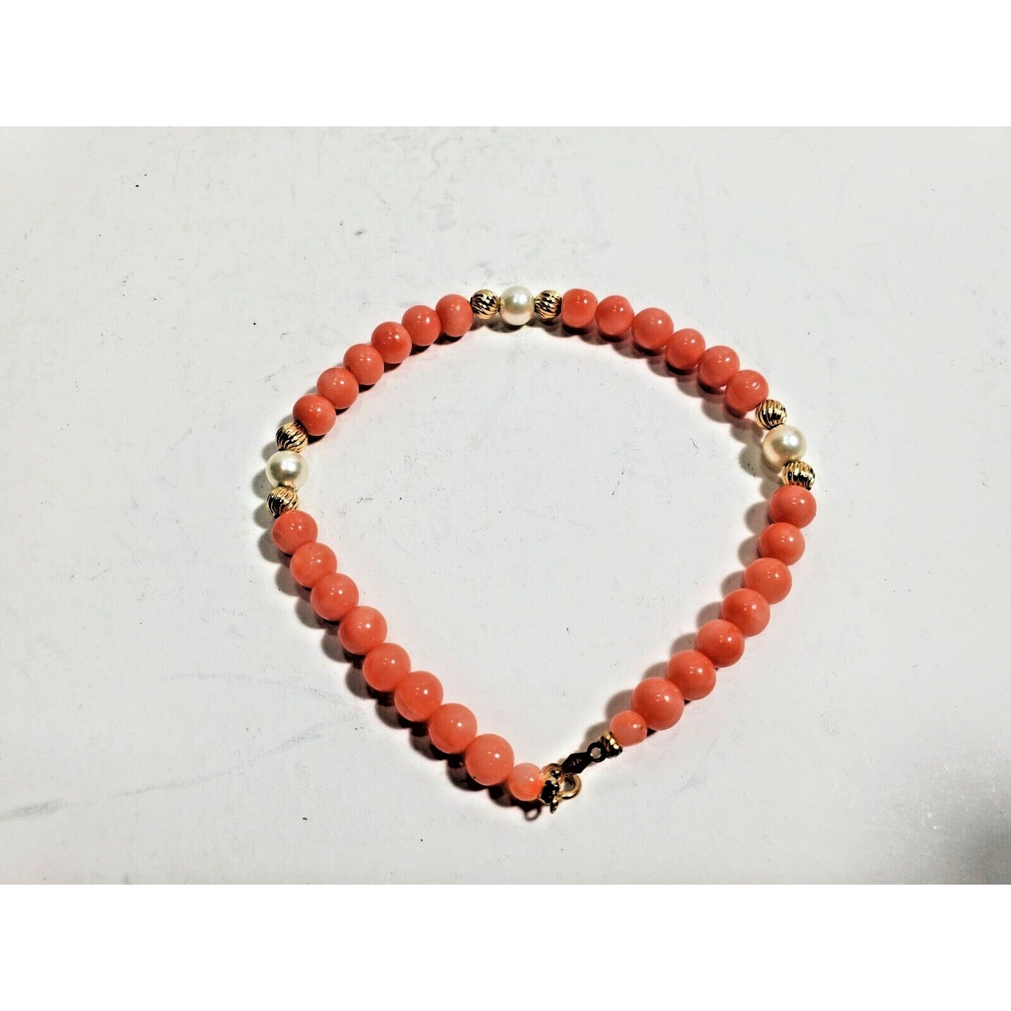 14K Yellow Gold Clasp & 5 mm Beads, Natural Coral Bead Bracelet 8" 5952/10