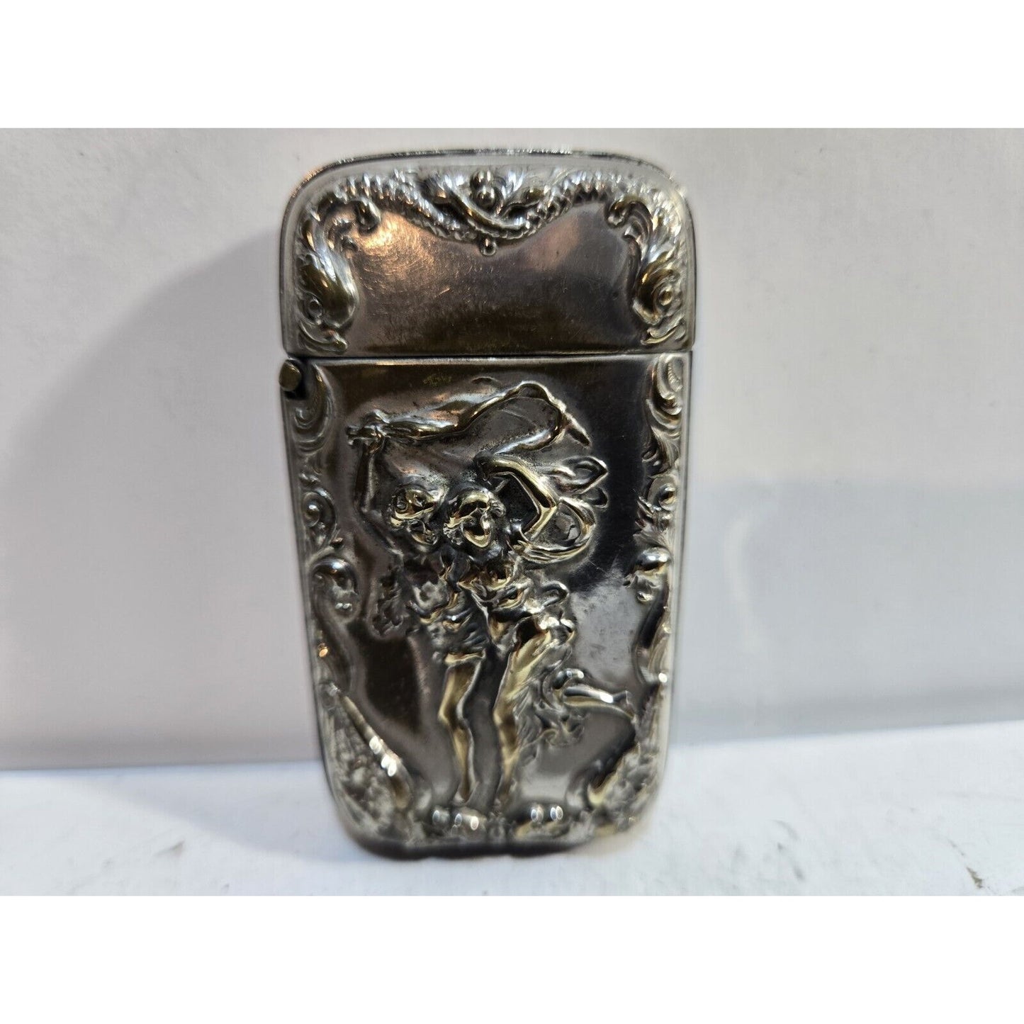 Vintage Silverplate Art Nouveau Dancing Nude Women Match Case Safe Vesta Nymph
