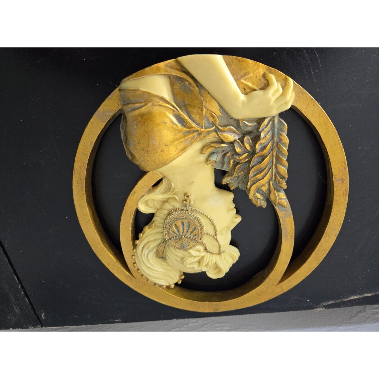 Vtg Art Nouveau Lady With Hat Mucha Ivorytone & Goldtone Round Mirror Plaque