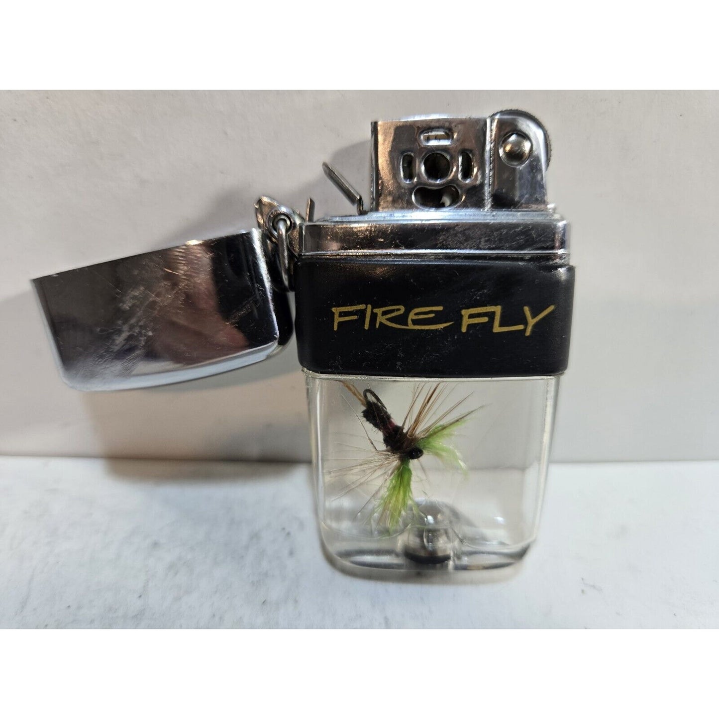 Vintage Working Fire Fly Flip Top Lighter. Fly Fishing Lure, Clear Tank 7377/33