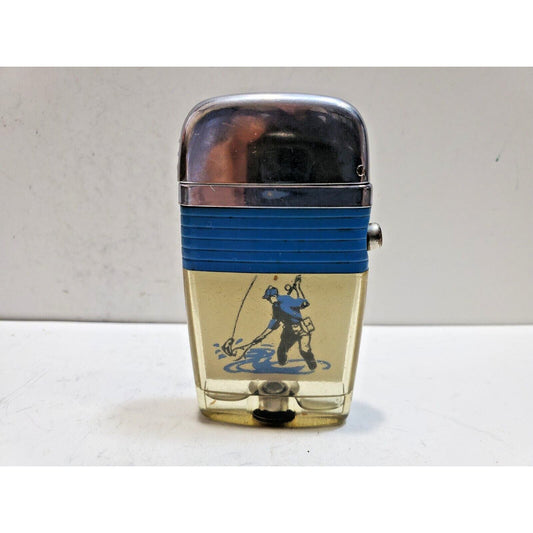 Working Vintage Scripto Fly Fisherman Catching Fish in a Stream-Vu-Lighter Blue
