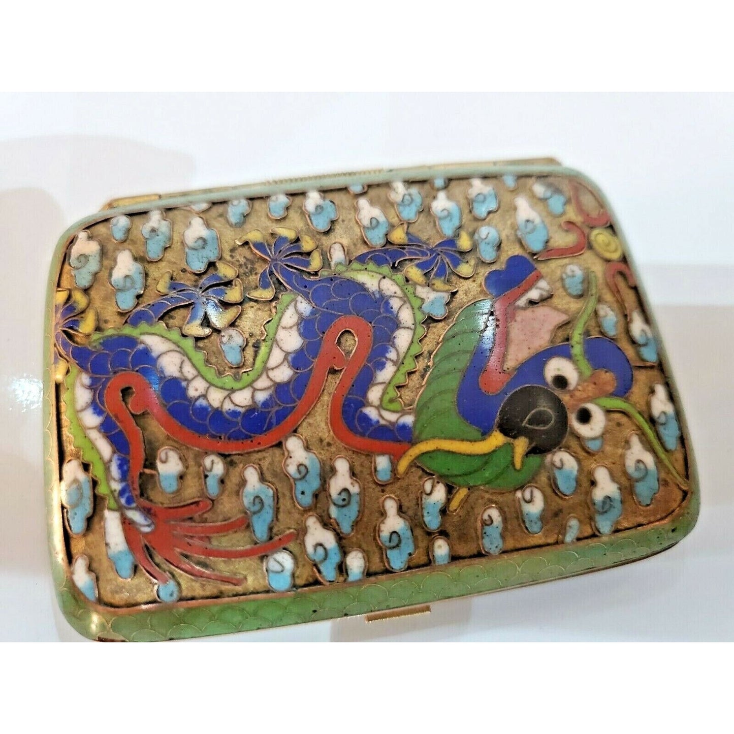 Antique ORIENTAL CLOISONNE ENAMEL Dragon Cigarette Case 3 x 2"
