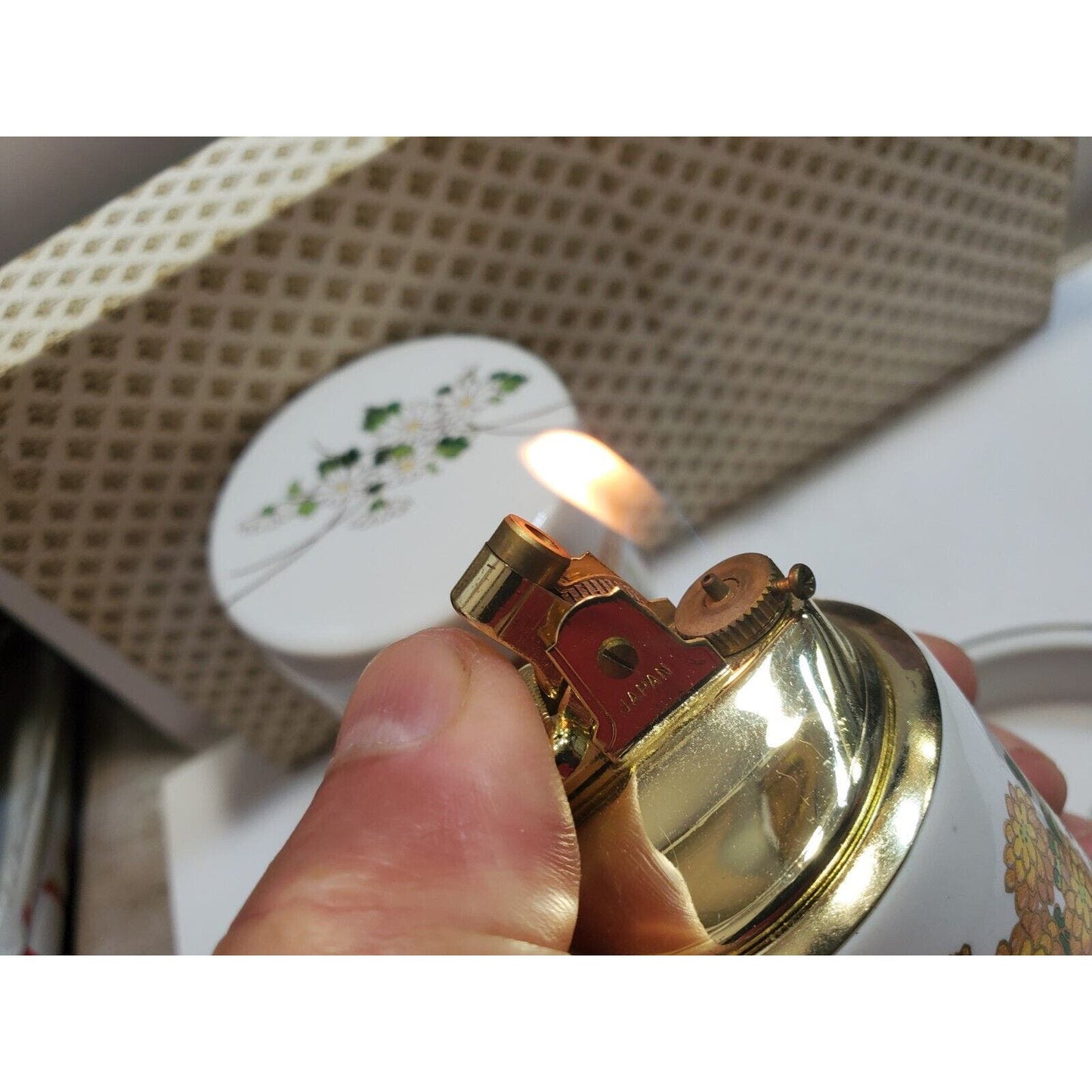 FINE CHINA SMOKING SET ASHTRAY, Cigarette CASE, Working LIGHTER Orig Box 6566/48