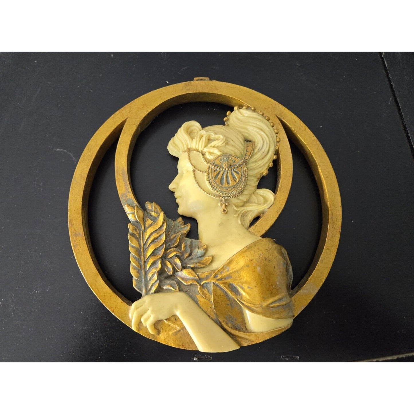 Vtg Art Nouveau Lady With Hat Mucha Ivorytone & Goldtone Round Mirror Plaque