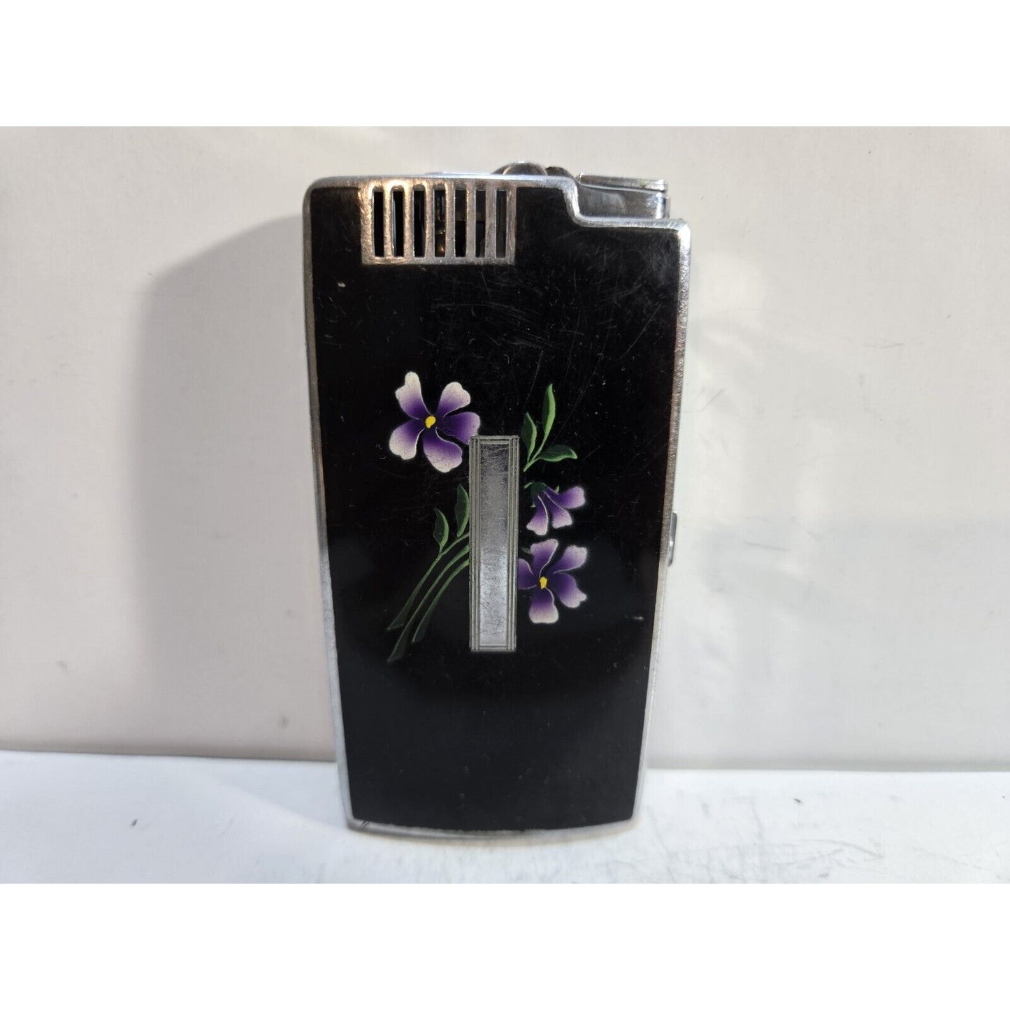 Vintage Ronson Pal Cigarette Case LIGHTER Black Violet Flower 6816/14
