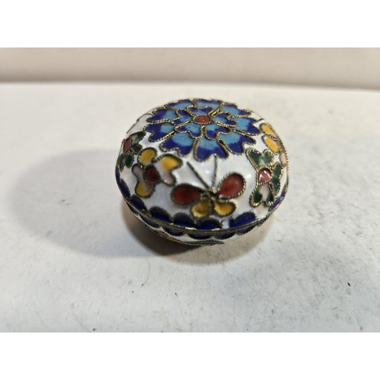 Vintage Enamel Jewelry Trinket Box Floral Brass 1 ½” Round
