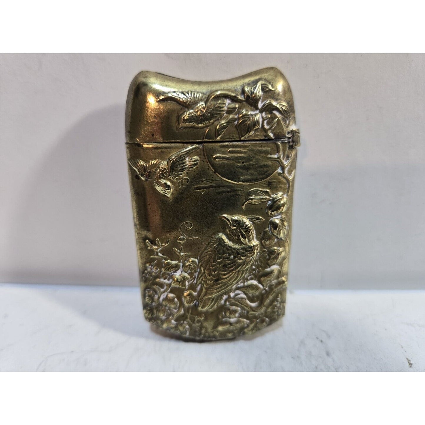 Japanese Antique Brass Match Case Safe Holder Striker, Bird & Flowers 7293/31