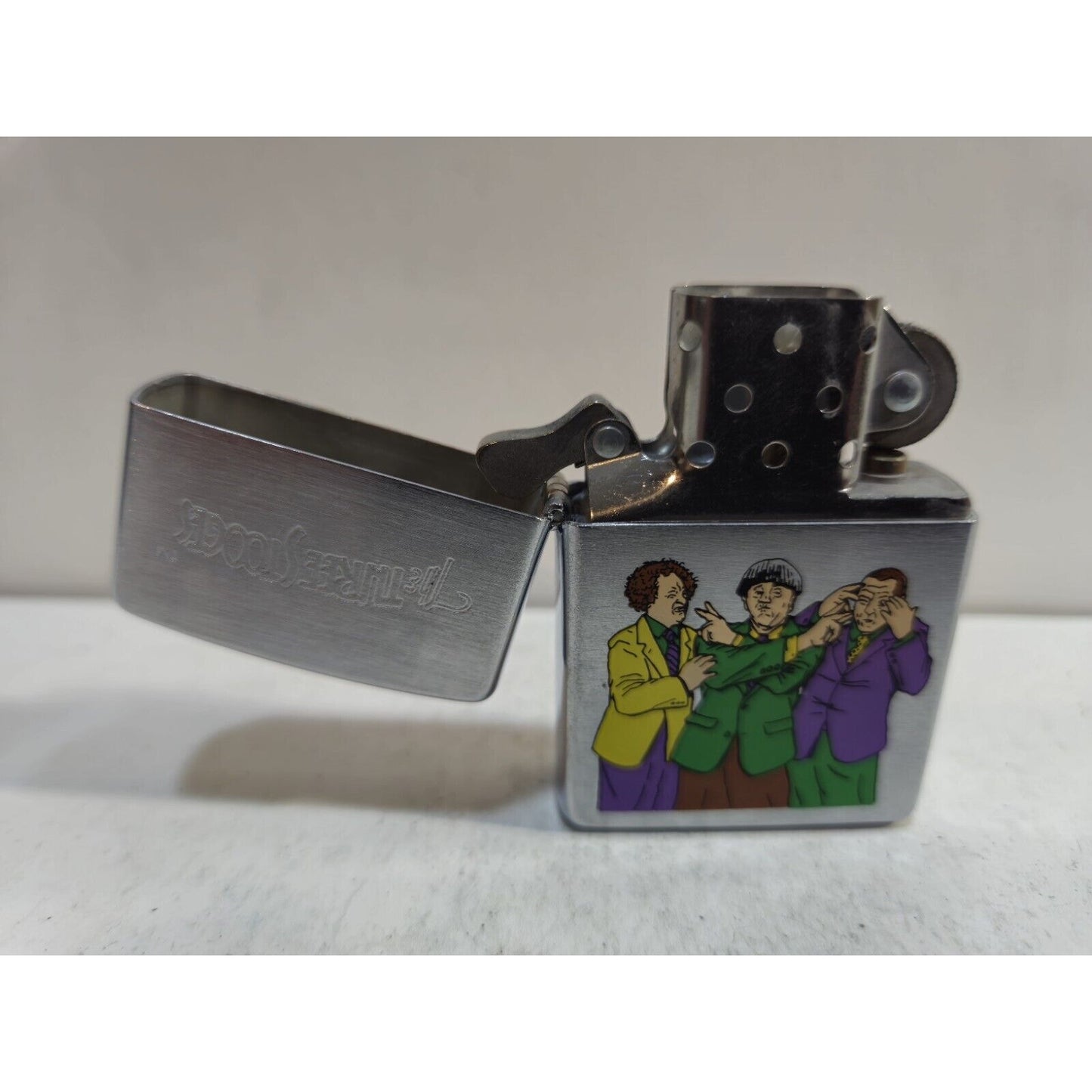 NOS Zippo Lighter Three Stooges Silly Men Brushed Chrome Sticker 7187/33