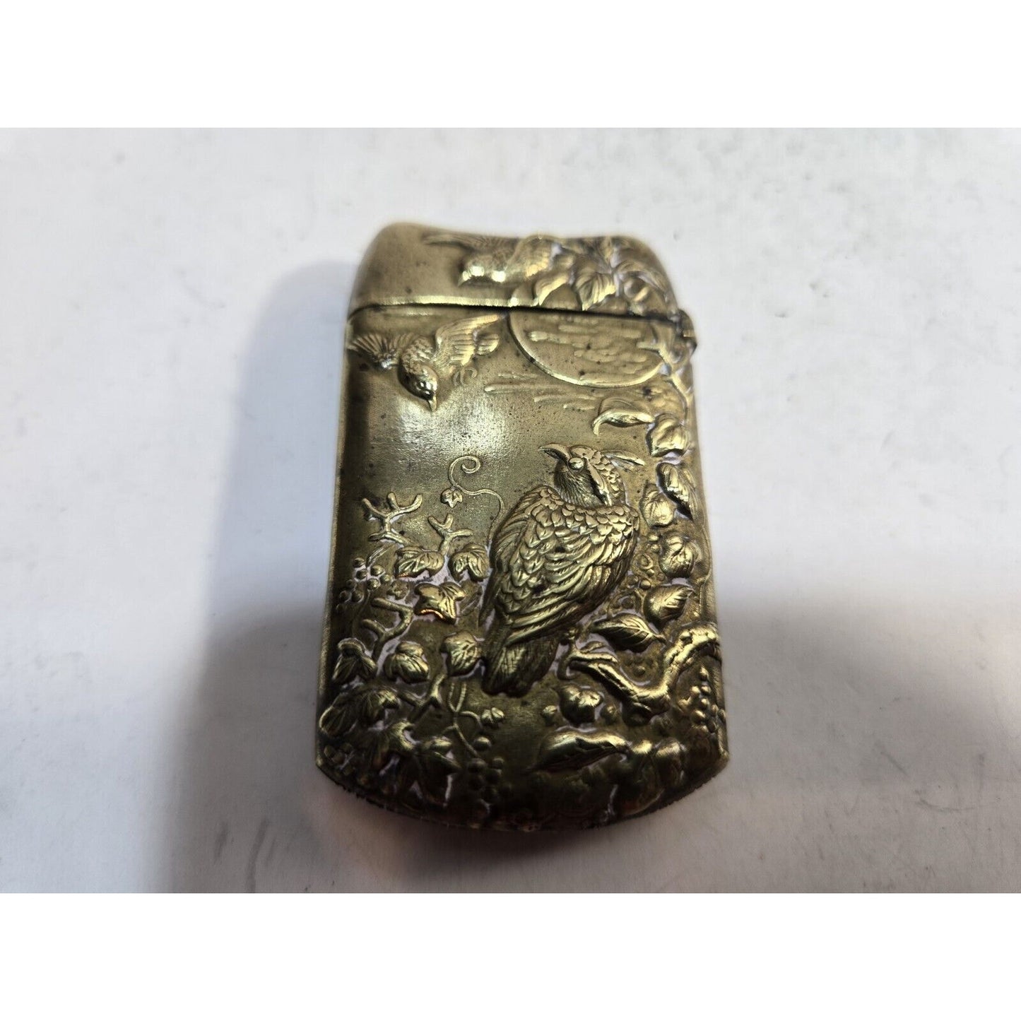 Japanese Antique Brass Match Case Safe Holder Striker, Bird & Flowers 7293/31