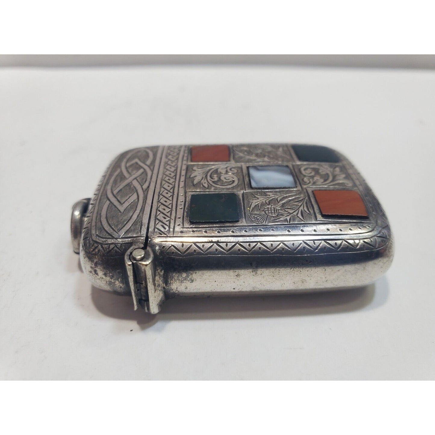 Antique Scottish Hallmarked Silver Carnelian Agate Inlay Vesta Match Safe Case